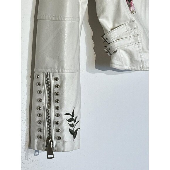 Faux Vegan Leather White Floral Embroidered Studded Zip Biker Moto Jacket - Picture 8 of 14